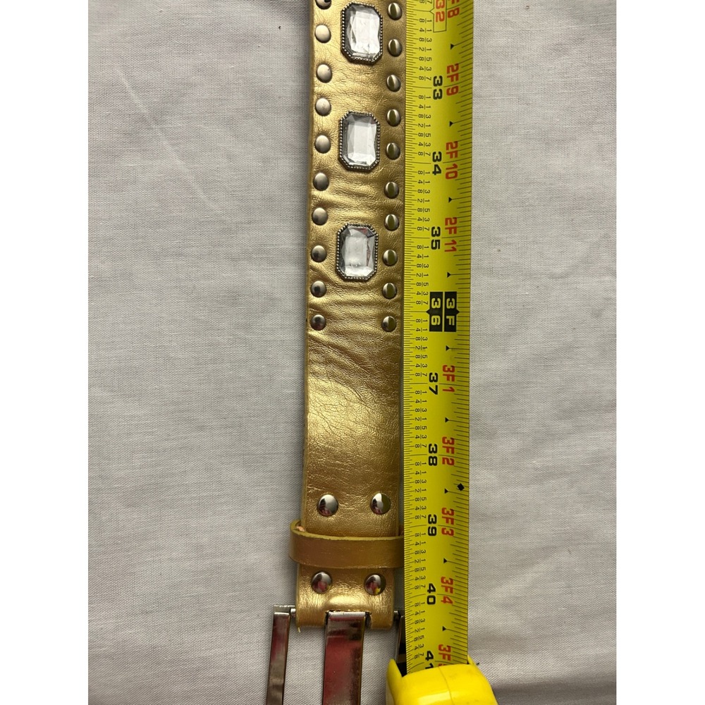 Gold Metallic Leather Studded Crystal Belt Silver Buckle Y2K Glam Boho 40 Inch - Picture 7 of 7